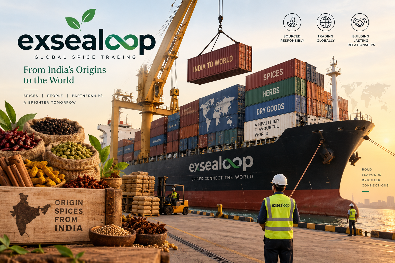 An Exsealoop container ship loading at port, sacks of Indian spices in the foreground