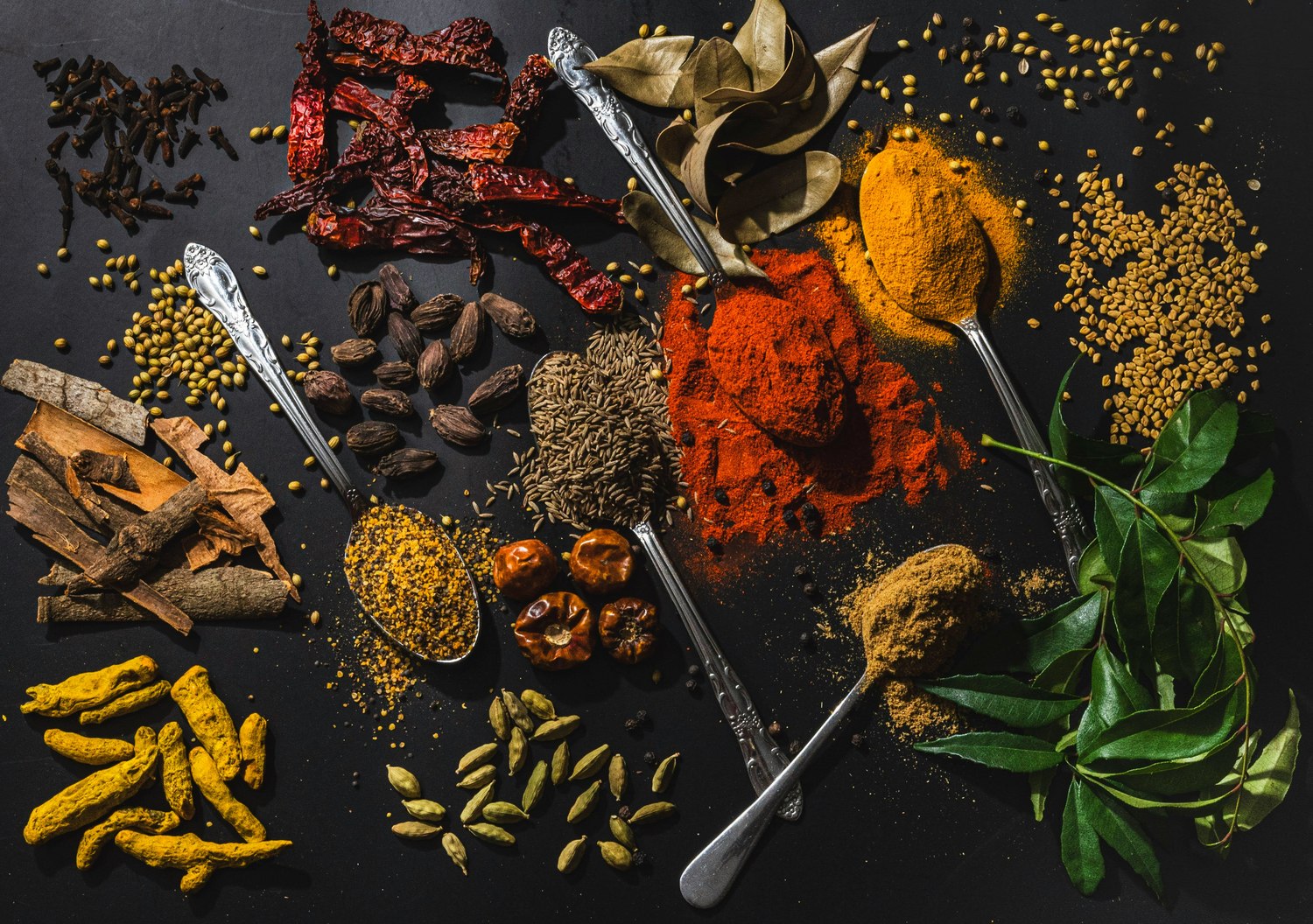 A flat lay of Indian spices — turmeric, red chilli, cardamom, cumin, cloves, cinnamon and curry leaves